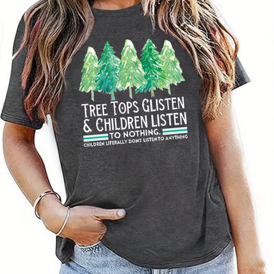 Festive Cheer: Christmas Tree Pattern Crew Neck T-Shirt - An Ideal Spring/Summer Addition to Every Woman's Wardrobe