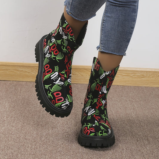 Expressing Vibrancy Women's Graffiti Boots offer fashion and function. Features include a back zipper, slip-on design, and round toe. Non-slip velvet and a padded insole keep your feet warm and comfortable. Perfect for any casual occasions, these versatile shoes will be your go-to for years to come.