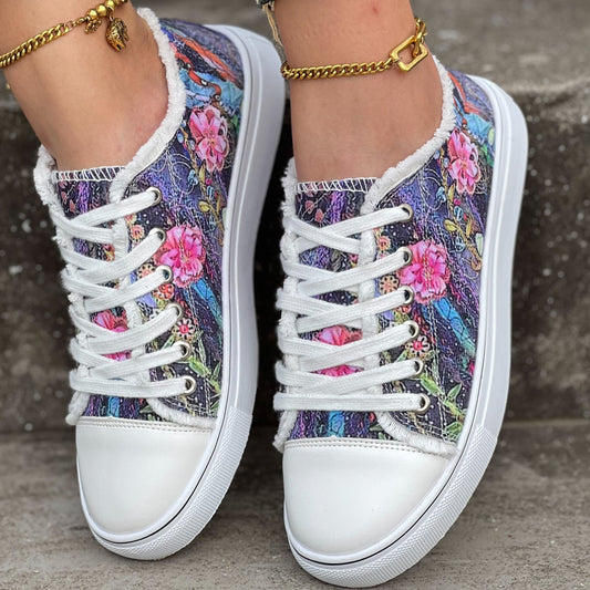 Women's Colorful Flower Canvas Shoes Lightweight - Stylish Lace-Up Outdoor Walking Shoes