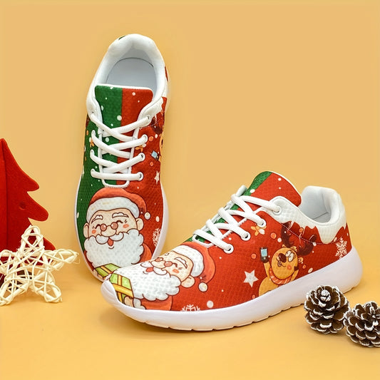 Step into Festive Cheer with our Shoes Christmas Santa Reindeer Print Running Shoes! Enjoy a festive look while you run with these stylish shoes that feature a Santa and reindeer design.