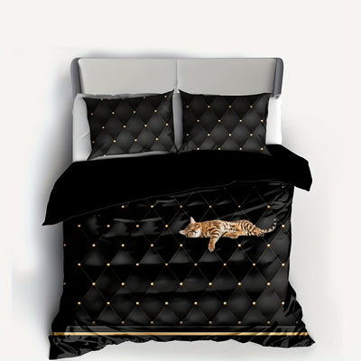 Feline Dream: 3-Piece Cat Printed Bedding Set - Embrace Comfort and Whimsicality(1*Duvet Cover + 2*Pillowcases, Without Core)