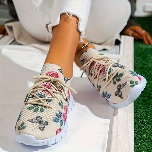 Floral Butterfly Print Casual Shoes: Stylish and Comfortable Knit Sneakers for Women