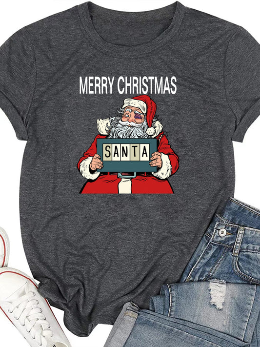 Stay festive and stylish all season long with our Santa Claus print t-shirt for women! Made with a comfortable crew neck and designed for spring and summer celebrations, this t-shirt is perfect for spreading holiday cheer. Embrace the joy of the season with our festive print shirt.
