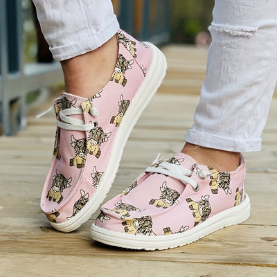 Cute and Comfortable Women's Cow Design Print Canvas Shoes - Low Top Lace Up Round Toe Casual Walking Shoes