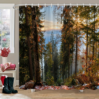 Transform Your Bathroom with a Stunning Forest Scenery: Water-Resistant Shower Curtain with Hooks - Premium Bathroom Decorative Curtain