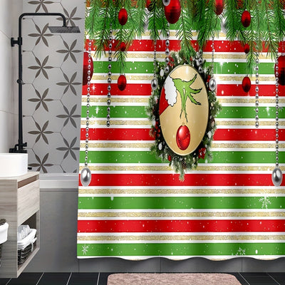 Elevate your holiday decor with our 4-piece Christmas-themed shower curtain set. With a stylish striped bell pattern, this set includes a shower curtain, bathroom rug, and accessories. Perfect for adding a festive touch to your bathroom, enjoy the holiday season in style with this elegant set.