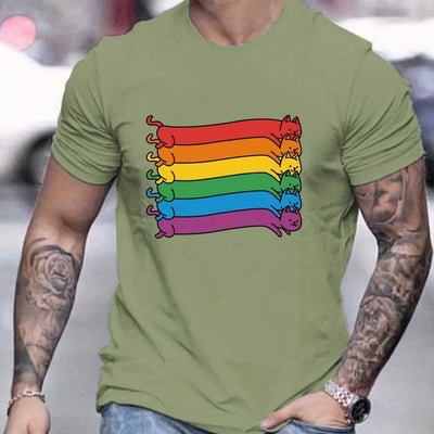 Rainbow Style Cartoon Cats Pattern Print Men's Comfy T-Shirt: Graphic Tee for Men's Summer Outdoor Clothing and Tops