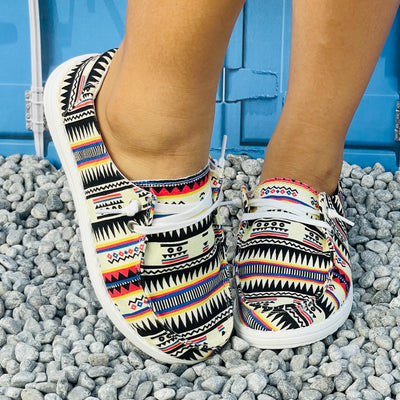 Step into Style and Comfort with Women's Colorful Geometric Print Canvas Loafers