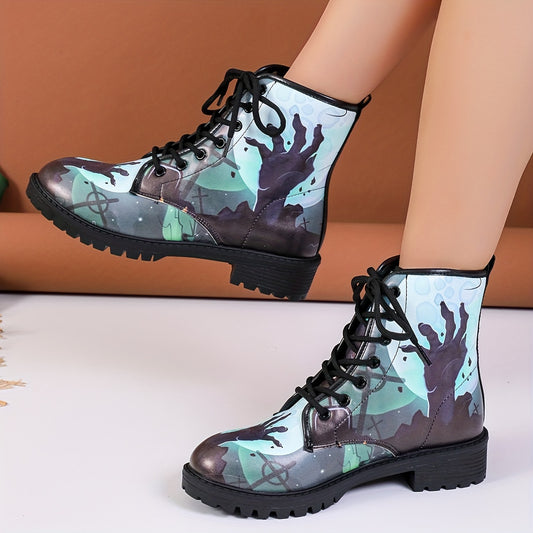 Step into the Spooky Season with Women's Halloween Style Ankle Boots: Horror-inspired Zombie Print Combat Boots for Casual Chic