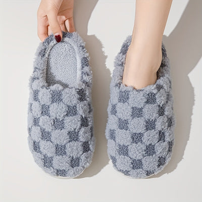 Cozy Plaid Pattern Warm Home Slippers: Slip-On, Round Toe, Non-Slip Fluffy Soft Sole Slides Shoes