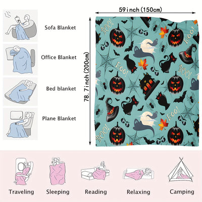 Spooktacular Halloween Flannel Blanket: Cartoon Pumpkin, Bat, Cat, and Spider Web Print for Ultimate Coziness and Style
