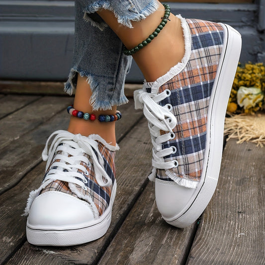 Stylish and Comfortable Women's Plaid Pattern Canvas Shoes: Casual Lace-Up Outdoor Sneakers for Lightweight, Low-Top Fashion