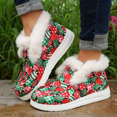 Warm and Festive: Women's Christmas Bell Print Snow Boots with Plush Lining for Winter Comfort