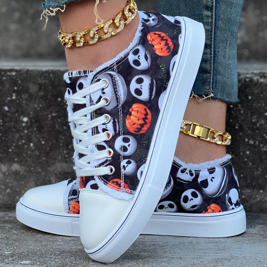 Ladies, add a spooky twist to your Halloween look with these Skull Pumpkin Pattern Canvas Shoes! These canvas shoes are 100% cotton with a unique pattern for a stylish touch. The printed design adds a hint of Halloween fun to any outfit and they come with a cushioned footbed for maximum comfort.
