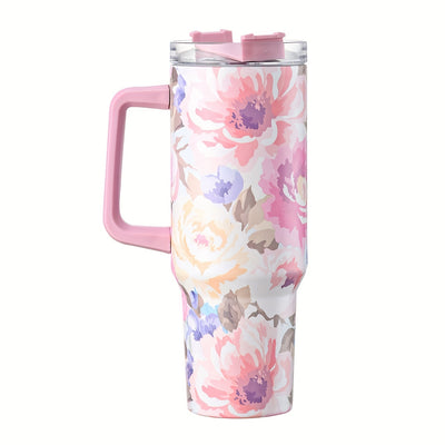 40oz Floral Pattern Tumbler With Lid And Straw, Stainless Steel Thermal Water Bottle With Handle, The Perfect Gift for Any Occasion