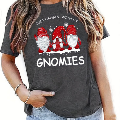 Christmas Gnome Print Tshirt, Casual Short Sleeve Crew Neck T-shirt, Women's Clothing