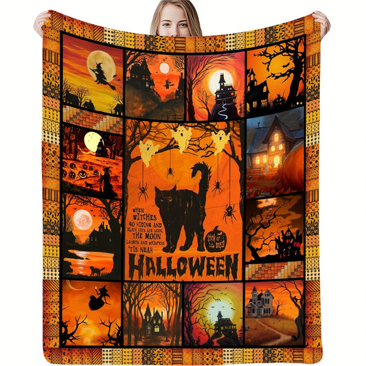 Halloween Witch Riding & Black Cat, Halloween Element Print Blanket - Perfect for Couch, Sofa, Office, Bed, Camping & Travelling!