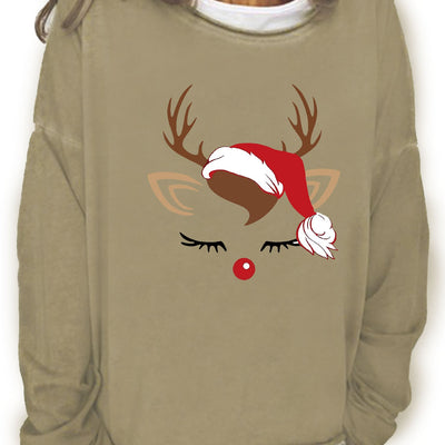 Festive Christmas Elk Print Sweatshirt: Cozy & Stylish Women's Casual Long Sleeve Crew Neck Sweater