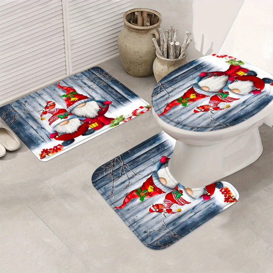 Cheerful Christmas Santa Claus Shower Curtain Set: Waterproof Curtain, Rug, and Mat for Festive Bathroom Decor