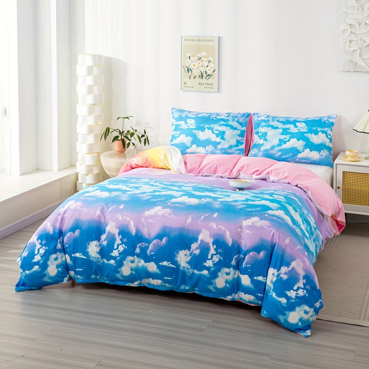 Dive into a world of comfort and relaxation with this 3-piece Dreamscape Delight Rainbow Cloud Duvet Cover Set. Crafted from quality fabric for a soft and smooth feel, it offers supreme comfort to your bedroom. The stylish rainbow cloud print brings a unique look to your space. Includes a duvet cover and 2 pillowcases, no core included.