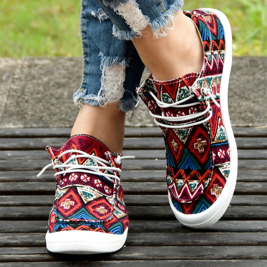 Ethnic Style Women's Canvas Flat Shoes - Comfortable & Stylish Lace-Up Loafers