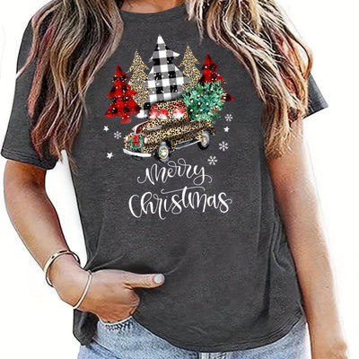 Christmas Tree & Leopard Truck Print Tee, Casual Short Sleeve Crew Neck T-shirt, Women's Clothing