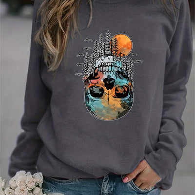 Spooky Chic: Halloween Skull Forest Print Sweatshirt - A Must-Have for Women's Casual Wear