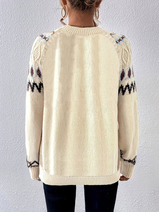 Geo-Pattern Crew Neck Pullover: Embrace Casual Coziness in this Loose Sweater for Women