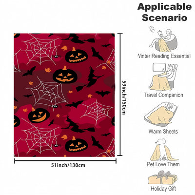 Pumpkin, Bat and Spider Web Print Throw Blanket - Warm and Comfortable Flannel Blanket for Sofa, Bed, Couch, Office - Multi-Purpose Blanket - Perfect Halloween Decor and All-Season Gift