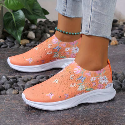 Stylish and Comfortable: Women's Floral Rhinestone Decor Sneakers - Slip-On, Lightweight Casual Shoes