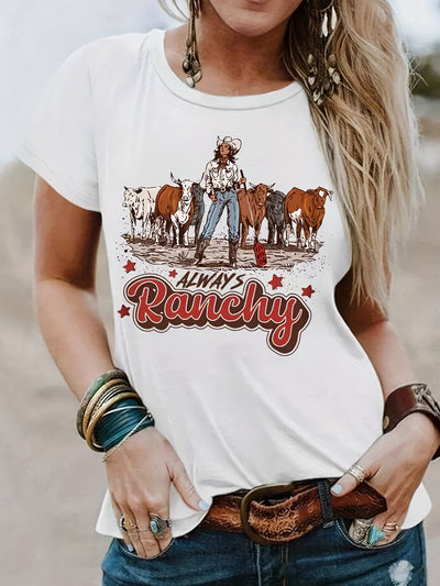 Cowboy Style Print T-shirt, Casual Crew Neck Short Sleeve Summer T-shirt, Women's Clothing