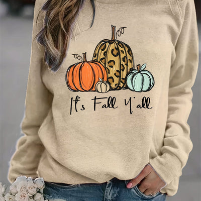 Pumpkin and It's Fall Y'all Print Sweatshirt, Casual Long Sleeve Crew Neck Sweatshirt, Women's Clothing