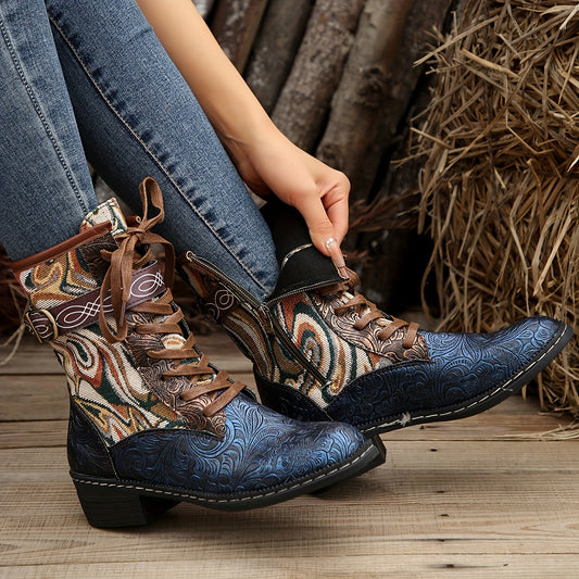 Be the talk of the town and step out in style with these glamorous floral pattern colorblock boots. The trendy side zipper and platform Chelsea boot design add a chic and stylish dress boot look for any occasion.
