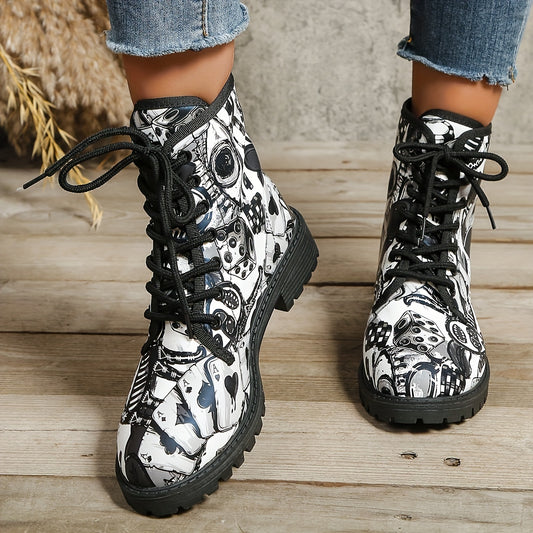 Graffiti Chic: Women's Lace-Up Ankle Boots - A Versatile Trendsetter in Non-Slip Style!