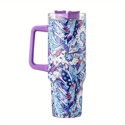 40oz Floral Pattern Tumbler With Lid And Straw, Stainless Steel Thermal Water Bottle With Handle, The Perfect Gift for Any Occasion