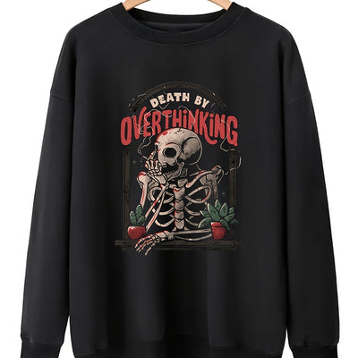 Halloween Skull & Floral & Letter Long Sleeve Round Neck Sweatshirt, Plus Size Halloween Casual Sweatshirt