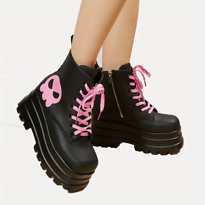 Step Out in Style: Women's Ghost-Face Print Combat Boots – Trendy Platform Boots for a Fashion-Forward Look!