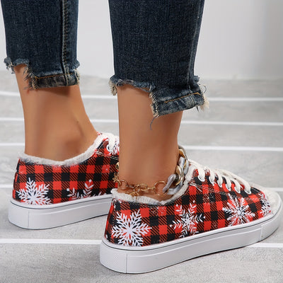 Christmas Charm: Women's Snowflake Plaid Print Low Top Canvas Shoes for Festive Flair