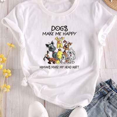 Casual and Trendy: Cartoon Dog Print Crew Neck T-Shirt for Fashionable Summer Looks