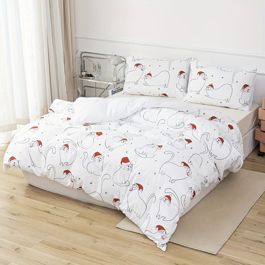 Add a touch of Christmas cheer to your bedrooms this holiday season with this festive duvet cover set. A 100% polyester cover and pillowcases provides luxurious comfort while the unique Christmas Cat print is sure to spark some joy. Includes 1 duvet cover and 2 pillowcases (no core).