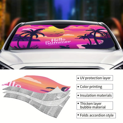 Summer Vibes: Beach Sunset Coconut Tree Windshield Car Sun shade - Stay Cool in Style!