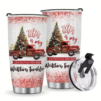 Cozy Christmas Movie Watching Tumbler - Stainless Steel Insulated Coffee Mug for the Holiday Season! Perfect gift for Christmas, adorned with a festive red truck design!