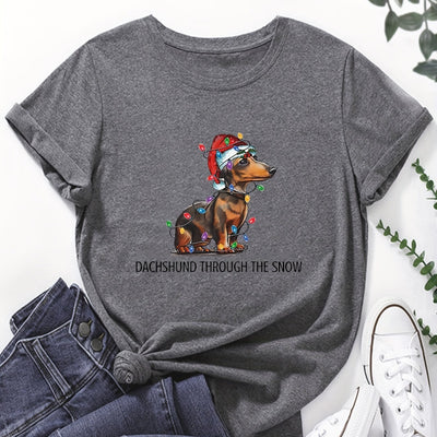 Casual Christmas Dog Print Crew Neck T-Shirt: A Stylish and Playful Addition to Your Spring/Summer Wardrobe