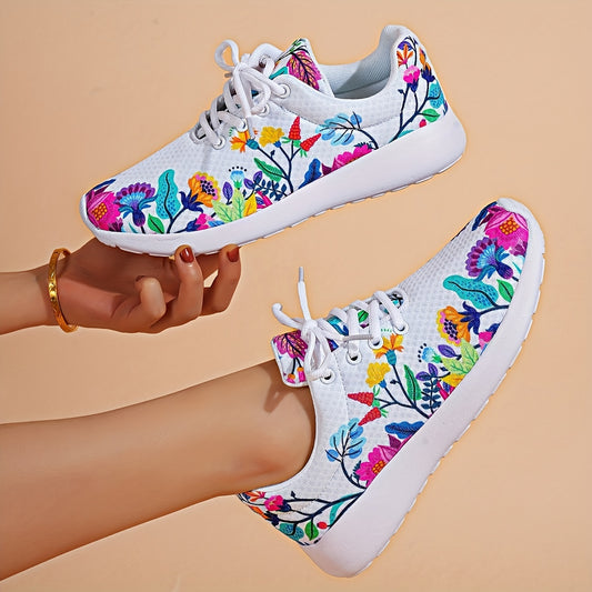 Floral Marvel Women's Flower Print Mesh Sneakers feature a breathable mesh upper with a vibrant floral print, along with a supportive midsole and durable outsole for lasting comfort. Enjoy all-day comfort and breathability with styl