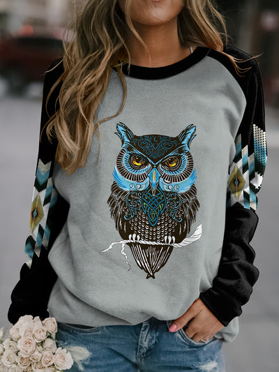 Owl Geometric Print Plus Size Casual Sweatshirt: Stylish and Cozy Plus Size Women's Clothing for Fall/Winter