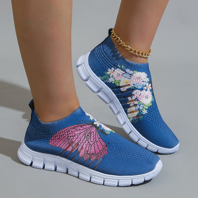 Stylish and Comfortable Women's Butterfly & Flower Print Sneakers: Lightweight Slip-On Shoes for Casual and Outdoor Wear