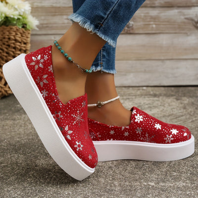 Stylish and Secure: Trendy Red Snowflake Pattern Skate Shoes - Lightweight, Non-Slip Sport Shoes for Women