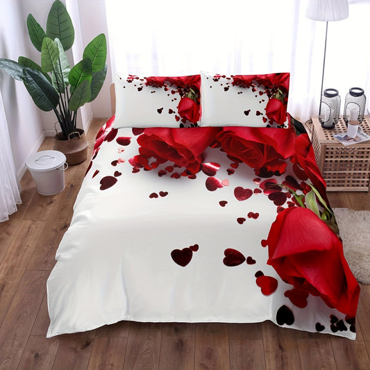 Love Rose Print Duvet Cover Set: Soft and Comfortable Bedding for Bedroom and Guest Room(1*Duvet Cover + 2*Pillowcases, Without Core)