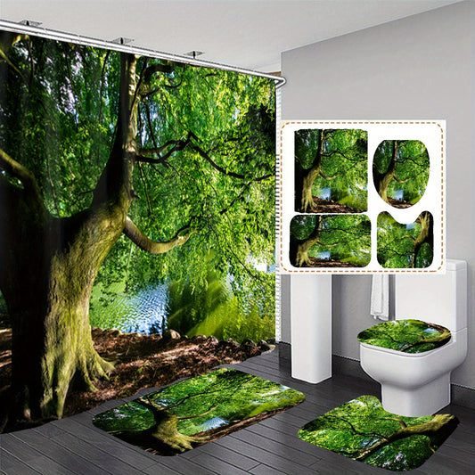 Enhance Your Bathroom Oasis with the Riverside Tree Shower Curtain Set: Waterproof, Non-Slip, and Stylish Bathroom Décor