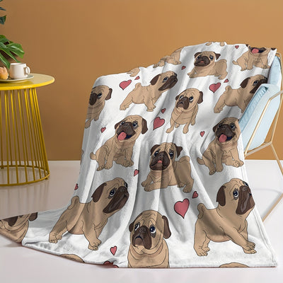 Cute Cartoon Pug Print Flannel Blanket: A Cozy Multi-Purpose Blanket for Couch, Sofa, Office, Bed, Camping, and Traveling